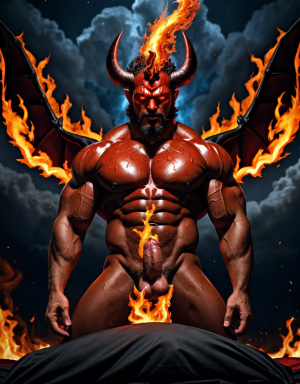 Diablo Satanás desnudos con pene grande y testículos grandes. Dobla el brazo derecho para enseñar los bíceps del brazo derecho con gran orgullo. Tiene mucho vello por todo el cuerpo. Está bronceado. Tiene alas de diablo negras y rojas oscuro. Los brazos están hacia arriba implorando rayos y fuego. Tiene un chorro de fuego en el pene que sale a chorros rojos hacia arriba de su pene erecto tieso hacia arriba. Sus ojos son grandes y rojos. Tiene testículos grandes y oscuros. Está rodeado de llamas y humo. Tiene barba. Está delgado. Está con los huevos gordos a la vista. Cuernos de diablo. Está acostado en horizontal sobre llamas de fuego.