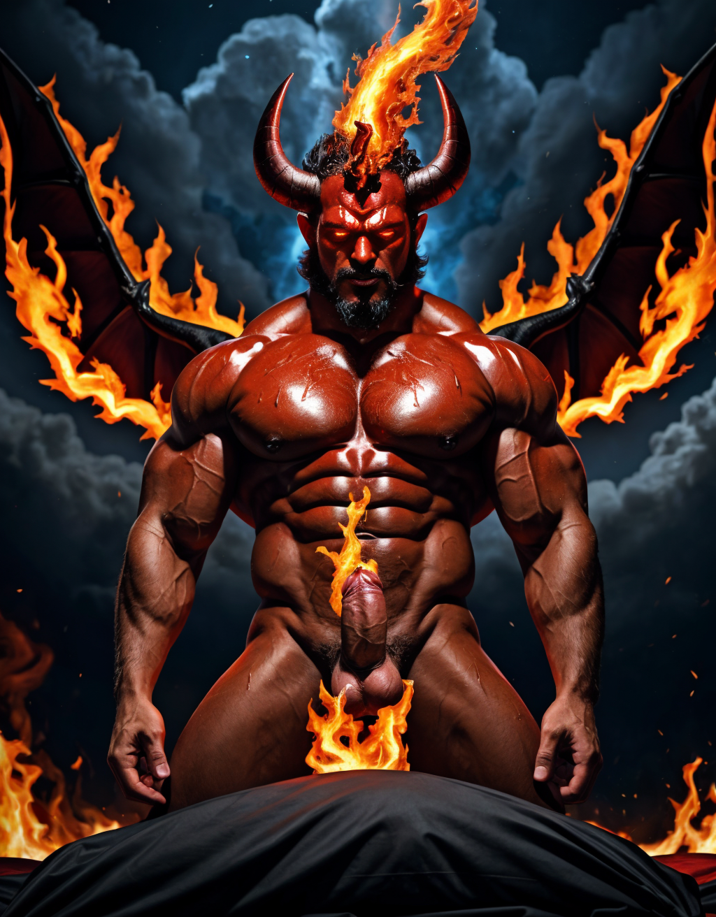 Diablo Satanás desnudos con pene grande y testículos grandes. Dobla el brazo derecho para enseñar los bíceps del brazo derecho con gran orgullo. Tiene mucho vello por todo el cuerpo. Está bronceado. Tiene alas de diablo negras y rojas oscuro. Los brazos están hacia arriba implorando rayos y fuego. Tiene un chorro de fuego en el pene que sale a chorros rojos hacia arriba de su pene erecto tieso hacia arriba. Sus ojos son grandes y rojos. Tiene testículos grandes y oscuros. Está rodeado de llamas y humo. Tiene barba. Está delgado. Está con los huevos gordos a la vista. Cuernos de diablo. Está acostado en horizontal sobre llamas de fuego.