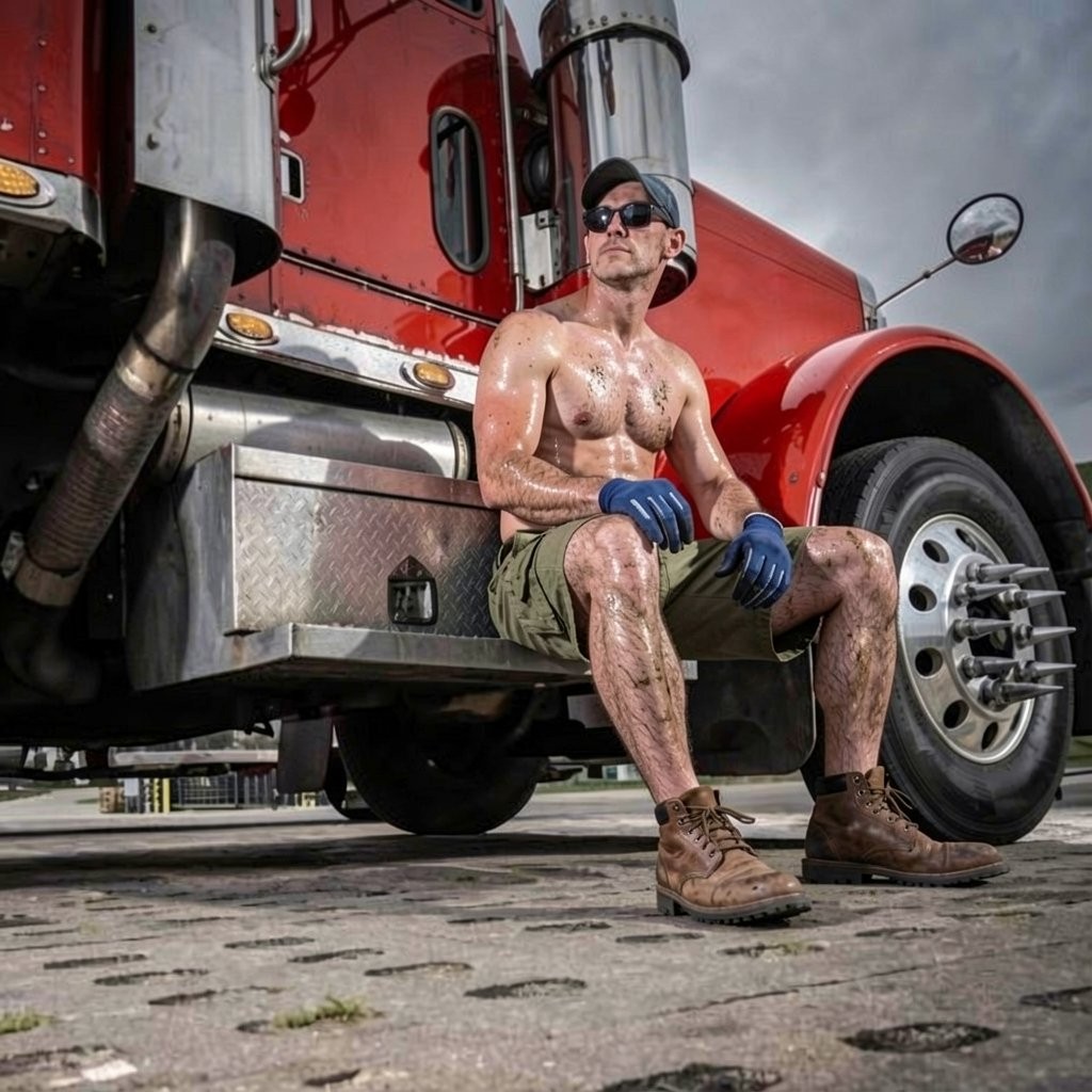 Un camionero musculoso y sudoroso descansa sentado junto a la cabina de un gran camión rojo, con el torso desnudo, pantalones cortos verdes, guantes de trabajo azules y botas marrones gastadas. Lleva gafas de sol oscuras y una gorra hacia atrás, con una actitud seria y cansada, como tras una jornada intensa de trabajo bajo el calor. El vehículo ocupa gran parte de la escena, destacando el metal cromado, el tubo de escape, el guardabarros rojo y la enorme rueda delantera con tuercas prominentes. El suelo de cemento, el cielo nublado y los detalles industriales refuerzan un ambiente de carretera, transporte pesado, mecánica y trabajo físico.