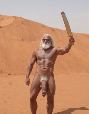 Enrique es un hombre muy delgado de 50 años, tiene cabello largo con canas blancas, tiene barba blanca abundante y larga. Está totalmente desnudo, en sus manos lleva una espada de oro alzada hacia el cielo. Tiene un cuerpo muy delgado con músculos marcados y definidos. 💪🏼. Tiene un pene erecto de 36,8 cm de longitud y 7,9 cm de diámetro. Tiene mucho vello corporal blanco que cubre su pecho brazos y piernas. Está en la arena del desierto entre grandes dunas de arena color terracota. Tiene la piel morena bronceada por el Sol. 