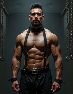 Austin Wolf, 40 años, 1.88m de altura, musculoso, cuerpo extremadamente marcado y definido, pectorales grandes y cuadrados, abdominales six-pack profundos, brazos gruesos y venosos, hombros anchos, trapecios marcados, piel blanca bronceada, pelo negro corto con rapado a los lados estilo fade, barba negra densa perfectamente recortada cubriendo mandíbula cuadrada, ojos marrones oscuros con mirada penetrante desafiante, rasgos faciales masculinos y angulosos, nariz recta, cejas gruesas, vello corporal negro medio en pecho bajando por abdomen, tatuajes en brazos y torso, manos atadas detrás de la espalda con cuerdas gruesas negras, collar de cuero negro con argolla de metal plateado al cuello, torso desnudo brillante de sudor con marcas de latigazos cruzando la espalda y hombros, expresión de sumisión forzada pero con actitud alfa contenida, mandíbula apretada, músculos tensos y flexionados, piernas musculosas muslos mostrando pene grande pronunciado, tiene pene de 20 cm de longitud y 8 cm de diámetro. Tiene sandalias negras en los pies. Iluminación dramática cenital tipo mazmorra BDSM, cadenas y ganchos colgando del techo de fondo, ambiente oscuro con tonos grises y negros, fotografía hiperrealista 8K. Tiene zapatos de tacón alto de color negro en los pies. Sus pies están a la vista. Está muy contento de su cuerpo perfecto y levanta y flexiona los brazos para enseñar sus músculos bíceps. Está contento. Enseña sus pies. Salta de alegría y enseña su pene de 18 cm de longitud