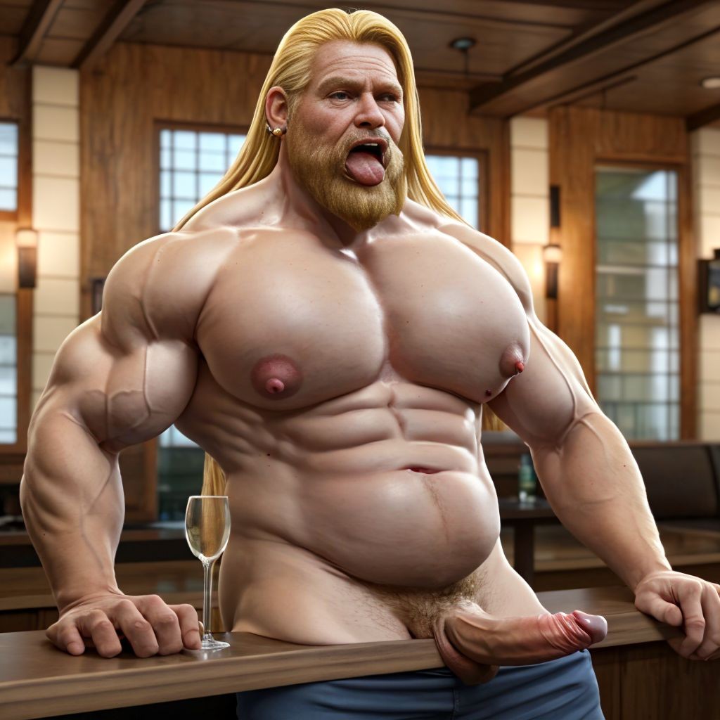Un hombre extremadamente musculado de estética hiperrealista aparece desnudo de cintura para arriba y con los pantalones bajados, apoyado sobre una barra de madera en un interior elegante con paneles de madera, ventanales y luz cálida. Tiene el pelo largo y rubio, barba recortada, pendientes y una expresión con la boca abierta y la lengua fuera, dando una pose exagerada y provocadora. Su torso voluminoso muestra pectorales, abdominales marcados, brazos enormes y pezones visibles; en primer plano se ve su pene erecto reposando sobre la barra. A su lado hay una copa estrecha con bebida, reforzando el ambiente de bar o lounge sofisticado.