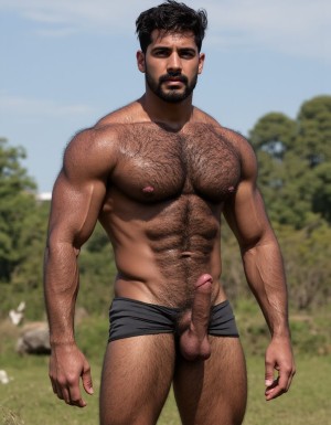 PEDRO es un hombre muy macho, delgado pero con músculos muy marcados y definidos, está de pie. Tiene su polla erecta. PEDRO tiene una polla de treinta y cinco centímetros de longitud. Pedro tiene rasgos mediterráneos, que se presenta de cuerpo entero desde la coronilla de la cabeza hasta las plantas callosas de los pies desnudos, destacando su polla erecta de treinta y cinco centímetros de longitud. Su cara geométrica masculina brutal, con pómulos altos, mandíbula cuadrada y barbilla prominente, muestra una estructura ósea típica de un hombre mediterráneo. Sus ojos oscuros, de color marrón profundo, están ligeramente hundidos bajo un arco supraciliar marcado, lo que le da una imagen de depredador peligroso. El bigote denso y espeso de pelo negro azabache cubre todo el labio superior, y su pelo negro intenso y rizado cae en ondas gruesas y desordenadas hacia los lados y hacia atrás.

PEDRO tiene un pecho expansivo con clavículas marcadas y separadas, y una selva de vello que cubre desde la parte superior de los pectorales hasta el abdomen sin interrupción. Sus pectorales son carnosos y están cortados con definición extrema, y la parte inferior de cada pectoral crea una sombra curva sobre las costillas. Los pezones son oscuros, de color marrón rojizo, y están ligeramente orientados hacia abajo y hacia los lados.

PEDRO también tiene abdominales six-pack muy marcados, con un abdomen plano y firme, y una musculatura subyacente visible pero cubierta por la capa de vello que baja desde el pecho sin interrupción. Sus brazos musculosos están marcados y definidos, con deltoides redondos y prominentes, y bíceps y tríceps bien desarrollados. Las manos de PEDRO son de trabajador, con dedos y nudillos prominentes, y uñas cortas y cuadradas.

Las piernas de PEDRO son voluminosas y densas, con cuádriceps y muslos marcados y definidos, y una capa generosa de vello negro rizado que cubre la piel morena. Los pies de PEDRO son proporcionados a la estructura de su cuerpo, con uñas cortas y algo amarillentas, y pelo oscuro en el empeine y en los dedos.

La polla de PEDRO es de treinta y cinco centímetros de longitud, con un diámetro de ocho centímetros, y está dura y curvada hacia arriba. El prepucio cubre parcialmente el glande, que es de cabeza roma y rojiza, y el meato uretral es una ranura vertical que gotea por excitación sexual. (No deformaciones, NO distorsión) Los huevos de PEDRO cuelgan mucho, con un escroto oscuro y arrugado, cubierto por vello rizado y disperso, y son perfectamente simétricos, con un diámetro de cinco centímetros cada uno.

La imagen de PEDRO se presenta en un fondo natural, con un paisaje sereno y tranquilo, y se muestra en ultra alta definición 8K, lo que permite apreciar todos los detalles de su cuerpo. La mano derecha de PEDRO rodea su pene, masturbación. NO DISTORSIÓN NO DEFORMACIÓN: polla con forma perfecta.