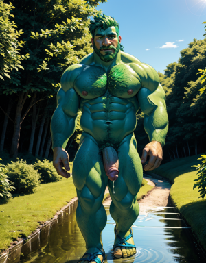 (Hombre 1 de color verde, desnudo, musculoso, tiene pene verde, tiene testículos verdes, tiene mucho vello, tiene pelo verde, tiene barba verde, tiene sandalias verdes, tiene pezones grandes largos y puntiagudos). (Hombre 2 azul, desnudo, musculoso azul, tiene pene color azul, tiene testículos color azul, tiene sandalias azules, tiene mucho vello, tiene pelo azul largo ondulado azul, tiene pezones grandes largos y puntiagudos). Los dos están andando por un camino en el campo. Tienen pezones con chorro de líquido blanco en sus pezones.