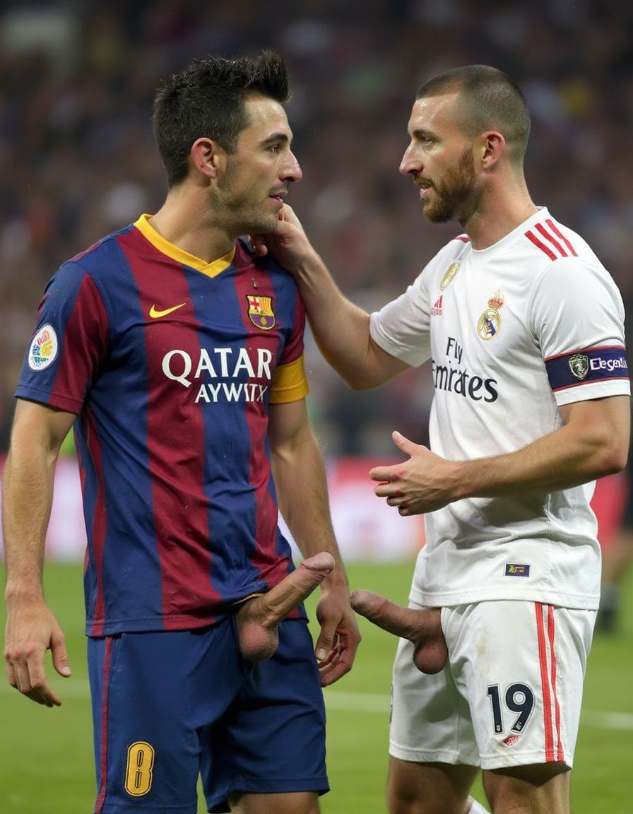 Dos futbolistas rivales conversan sobre el césped durante un partido, uno con la equipación azulgrana del FC Barcelona y patrocinio Qatar Airways, y el otro con la camiseta blanca del Real Madrid, brazalete de capitán y el número 19 en el pantalón. El jugador madridista, con barba y pelo rapado, apoya una mano en el hombro del barcelonista, que le mira de perfil con gesto serio. La escena tiene un tono llamativo y explícito porque ambos aparecen con el pene sobresaliendo por la parte delantera del pantalón corto, en una imagen que parece editada o manipulada, con el estadio desenfocado al fondo.