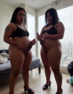 Two big black shemale models with voluptuous figures, wearing high heels and sexy lingerie, standing in a luxurious bedroom with a city view. They have big breasts, curvy hips, and shaved pubic areas. Both shemales have large, erect black cocks with prominent veins, and they are masturbating each other, reaching climax. One shemale has long, straight black hair and a red lipstick smile, while the other has short, curly black hair and a seductive gaze. They are both covered in sweat, and their cocks are oozing pre-cum. As they cum, their bodies tremble with pleasure, and their cocks shoot out thick, white semen, splashing onto their breasts, stomachs, and the floor. The scene is hyper-realistic, with high-quality details, and the lighting highlights the shemales' sensual bodies, emphasizing their erotic moment.