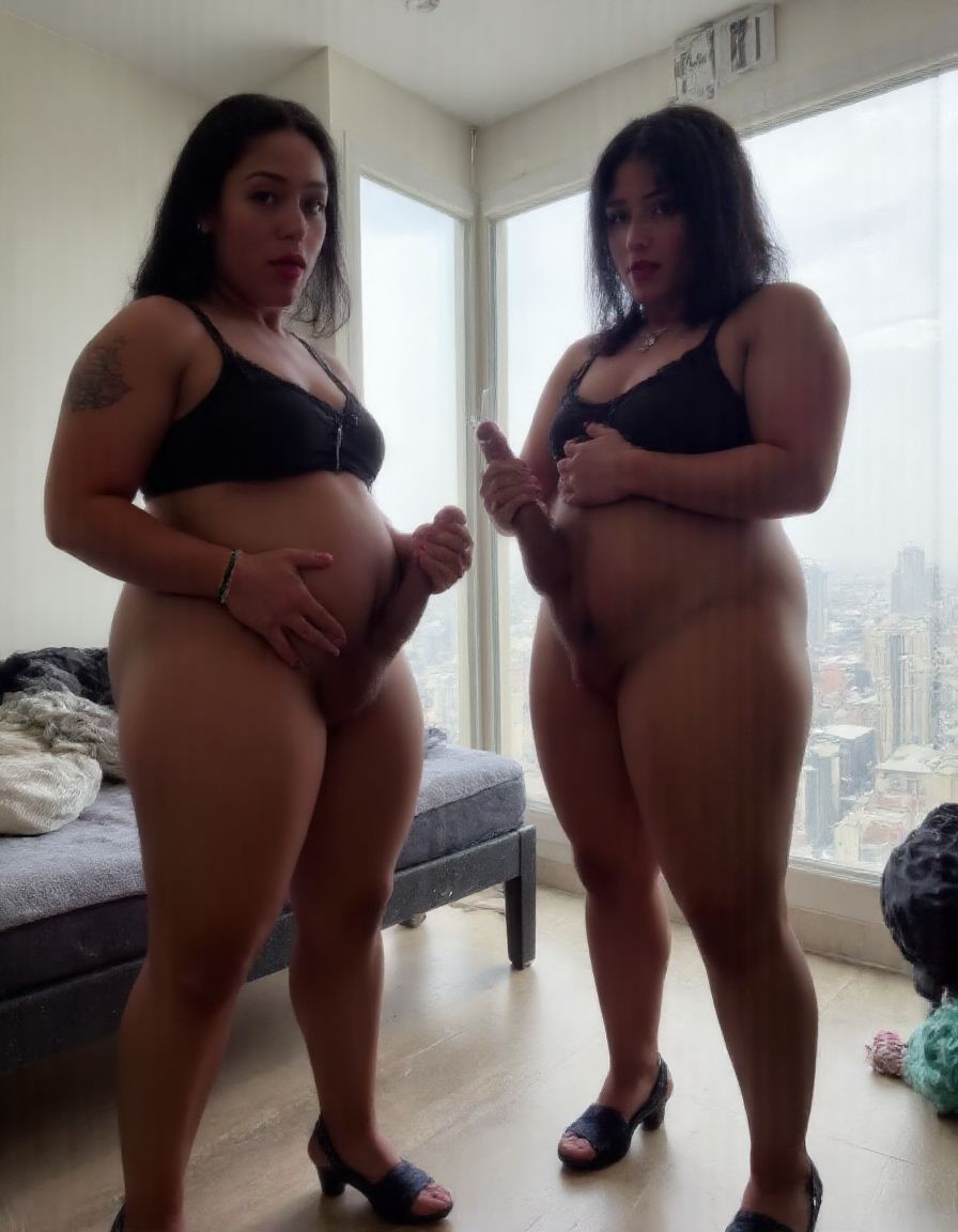 Two big black shemale models with voluptuous figures, wearing high heels and sexy lingerie, standing in a luxurious bedroom with a city view. They have big breasts, curvy hips, and shaved pubic areas. Both shemales have large, erect black cocks with prominent veins, and they are masturbating each other, reaching climax. One shemale has long, straight black hair and a red lipstick smile, while the other has short, curly black hair and a seductive gaze. They are both covered in sweat, and their cocks are oozing pre-cum. As they cum, their bodies tremble with pleasure, and their cocks shoot out thick, white semen, splashing onto their breasts, stomachs, and the floor. The scene is hyper-realistic, with high-quality details, and the lighting highlights the shemales' sensual bodies, emphasizing their erotic moment.