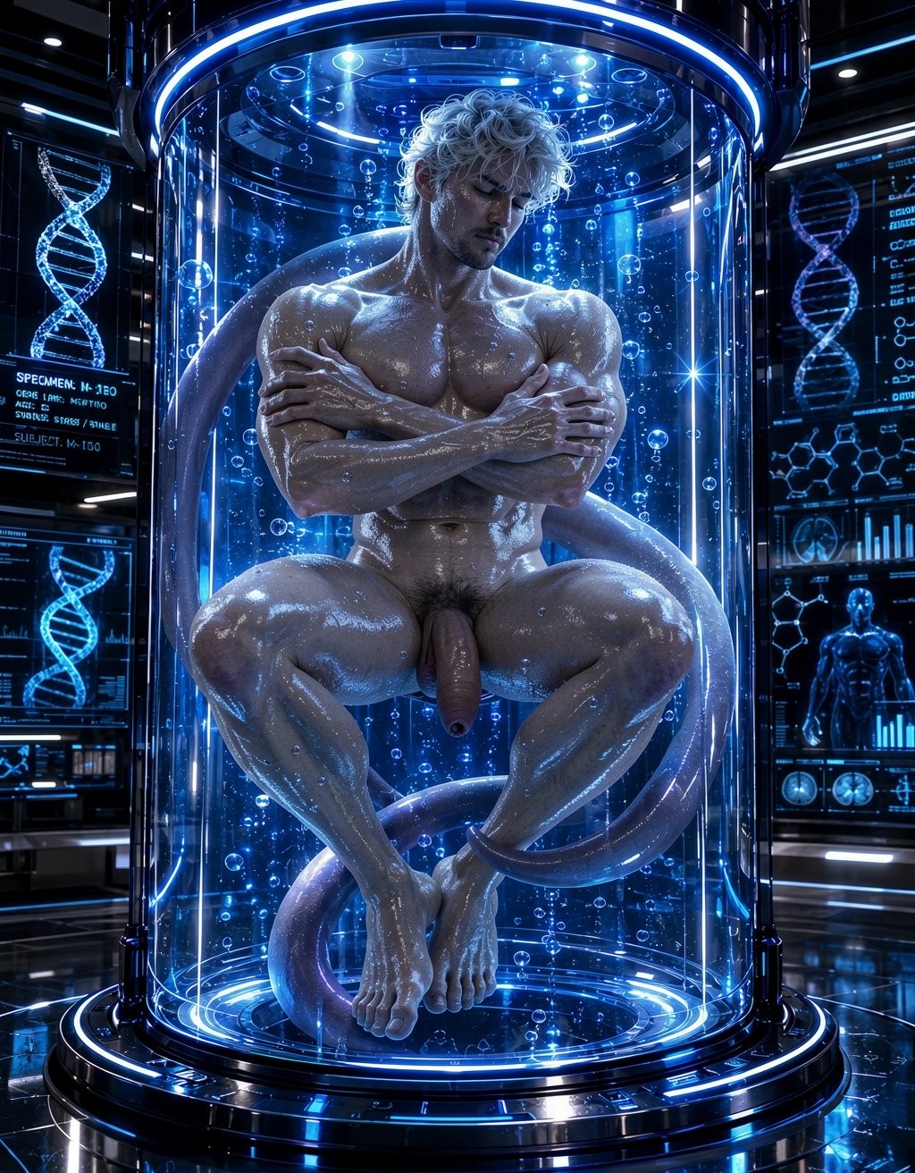 Un hombre desnudo de físico extremadamente musculoso flota dentro de una cápsula cilíndrica transparente llena de líquido azul, en un entorno futurista de laboratorio biotecnológico. Su cuerpo mojado y brillante aparece encogido en posición fetal parcial, con los brazos cruzados sobre el pecho, las piernas flexionadas y el pene visible entre los muslos. La escena está iluminada por neones azules, burbujas y partículas suspendidas, mientras varios tubos orgánicos o tentáculos rodean su cuerpo dentro del tanque. Al fondo aparecen pantallas holográficas con hélices de ADN, gráficos científicos, datos biométricos y siluetas anatómicas, reforzando una atmósfera de clonación, genética avanzada, experimento humano y ciencia ficción oscura.