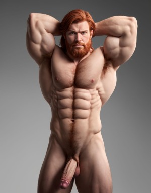 Hombre caucásico de 1,9 metros, piel clara, cabello rojizo lacio, barba incipiente, expresión de desprecio, vello corporal rojizo, sixpack visible, pene y testículos visibles, manos detrás de la cabeza, trapecios y deltoides marcados, fondo gris degradado. Músculos desarrollados, hombros prominentes, solo un pene visible.