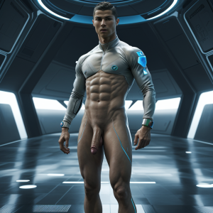 cristiano ronaldo, desnudo con accesorios futuristas , mostrando su gran pene, en ciudad futuristica, de pie ,muy serio