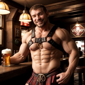 Hombre musculoso con arnés ajustado y kilt plaid rojo, mostrando torso desnudo, en una taberna escocesa tradicional, con decoraciones celtas, iluminación cálida y atmósfera acogedora, whisky y cerveza en las mesas, clientes sonrientes al fondo, pose sensual y provocativa.