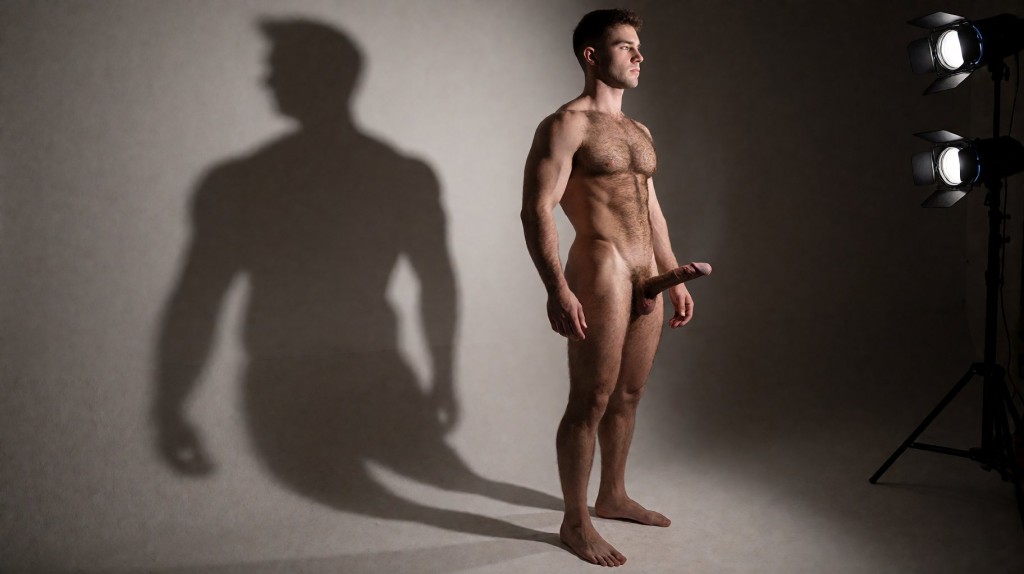 Sombra de un Hombre musculoso y muy velludo  de pie de cuerpo entero desde los pies hasta la cabeza, en plano lateral. El personaje no se ve, en la imagen solo está su sombra  en plano lateral  reflejada en la pared (NO PERSONAJE A LA VISTA) iluminación plana con focos iluminando desde el lateral derecho 