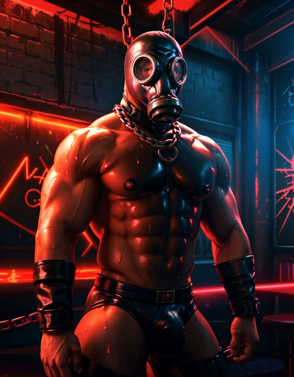 Hombre musculoso con máscara de gas, cuero negro, en un cuarto oscuro de una discoteca gay BDSM, bondage y cadenas, ambiente intenso y sensual, luces rojas y oscuridad, sudor y ropa interior ajustada.