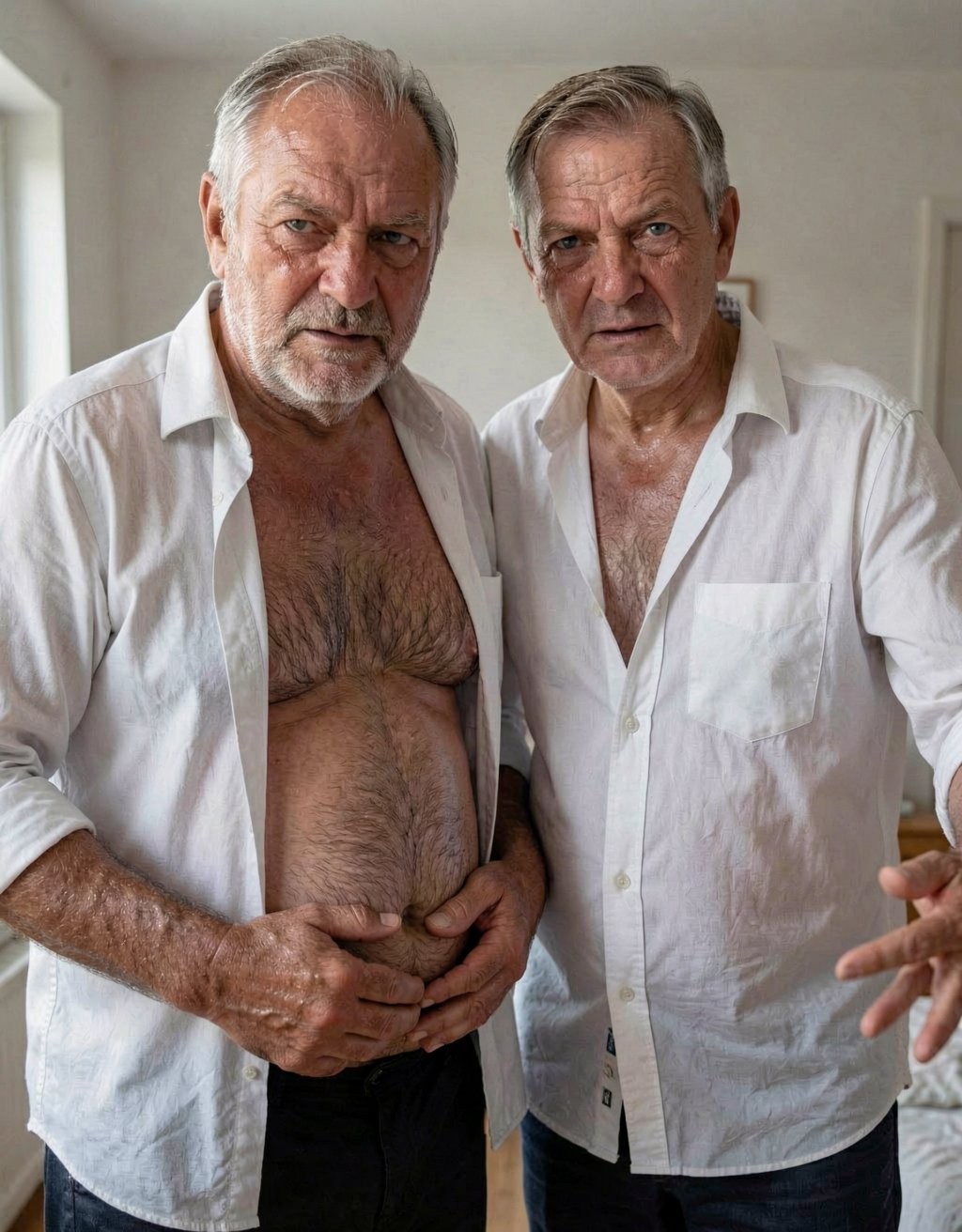 Two older men pose standing in a bright room, both wearing long-sleeved white shirts unbuttoned at the chest, creating an intimate, everyday scene. The man on the left, with a gray beard, gray hair, and a serious expression, shows his hairy torso and abdomen, which he holds with both hands above dark pants. Beside him, another gray-haired man, also with an intense expression and looking directly at the camera, wears his shirt partially open and extends one hand forward, as if he were speaking or pointing at something. The background shows light-colored walls, a side window, and a simple domestic environment, with soft natural light and a realistic family-portrait tone.