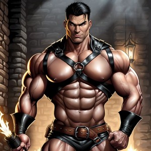 Hombre musculoso con arnés de cuero muy sexy:1.6, piel realista con vello y sudor:1.4, en una mazmorra gótica oscura, ultra detallado:1.3, sombras hiperrealistas, resolución 8k, texturas de piedra y hierro, iluminación tenue con antorchas, fondo misterioso.