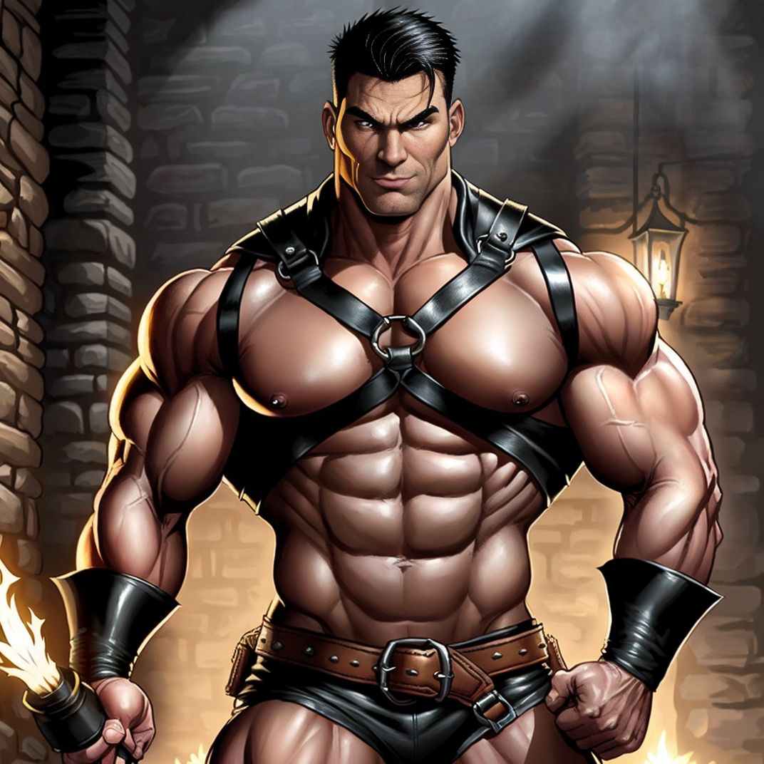 Hombre musculoso con arnés de cuero muy sexy:1.6, piel realista con vello y sudor:1.4, en una mazmorra gótica oscura, ultra detallado:1.3, sombras hiperrealistas, resolución 8k, texturas de piedra y hierro, iluminación tenue con antorchas, fondo misterioso.