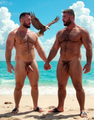 Solo hombres desnudos musculosos. Tienen un pene erecto de 50 cm de longitud y 8 cm de diámetro. Dibujos tipo KAKE de Tom of Finland.
((Kake Comics)). Antonio tiene un pene de 50 cm de longitud y 8 cm de diámetro. Juan tiene músculos muy definidos y tiene mucho vello es muy peludo. Tienen sandalias en sus pies. Flexionan sus brazos para enseñar sus músculos bíceps mientras pasa un águila entre las nubes y se miran fijamente con pasión. Fondo de una playa con mar precioso. Fondo de hombres desnudos morenos