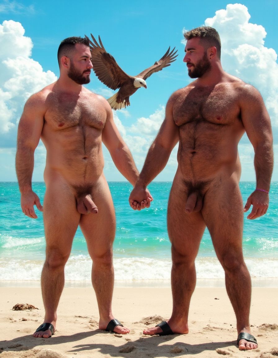 Solo hombres desnudos musculosos. Tienen un pene erecto de 50 cm de longitud y 8 cm de diámetro. Dibujos tipo KAKE de Tom of Finland.
((Kake Comics)). Antonio tiene un pene de 50 cm de longitud y 8 cm de diámetro. Juan tiene músculos muy definidos y tiene mucho vello es muy peludo. Tienen sandalias en sus pies. Flexionan sus brazos para enseñar sus músculos bíceps mientras pasa un águila entre las nubes y se miran fijamente con pasión. Fondo de una playa con mar precioso. Fondo de hombres desnudos morenos