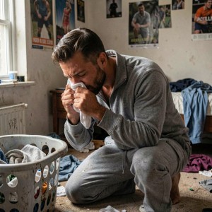 Un hombre de 35 años, fibrado y musculoso, moreno, barba recortada, arrodillado frente a un cesto de ropa sucia en una habitación adolescente desordenada. Sostiene un calcetín blanco sudado contra su nariz, los ojos cerrados, con el rostro hundido en la tela, respirando profundamente. Lleva un chándal gris arrugado, tiene el pantalón bajado hasta los muslos y el bulto marcado. La habitación tiene ropa tirada, pósters en la pared, luz de tarde entrando por la ventana, un ambiente sórdido, íntimo y patético. Primer plano de su cara con el calcetín apretado contra la boca y la nariz, iluminación natural sucia de ventana, estilo documental hiperrealista, tono sórdido y humillante.