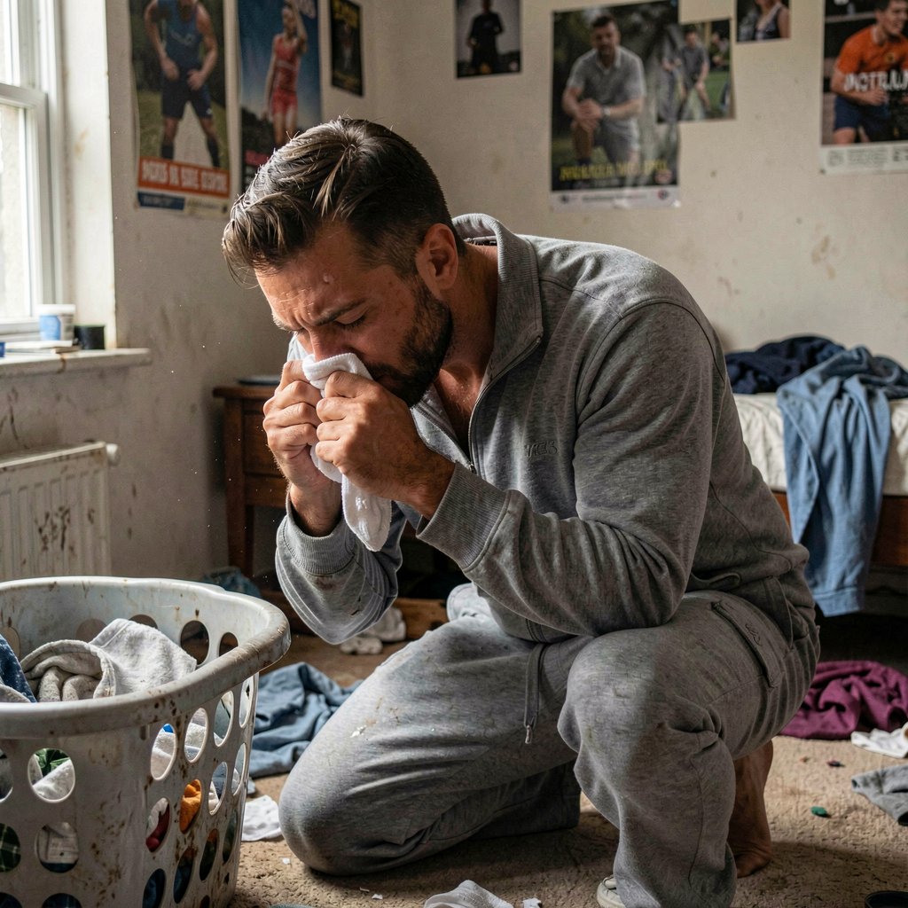 Un hombre de 35 años, fibrado y musculoso, moreno, barba recortada, arrodillado frente a un cesto de ropa sucia en una habitación adolescente desordenada. Sostiene un calcetín blanco sudado contra su nariz, los ojos cerrados, con el rostro hundido en la tela, respirando profundamente. Lleva un chándal gris arrugado, tiene el pantalón bajado hasta los muslos y el bulto marcado. La habitación tiene ropa tirada, pósters en la pared, luz de tarde entrando por la ventana, un ambiente sórdido, íntimo y patético. Primer plano de su cara con el calcetín apretado contra la boca y la nariz, iluminación natural sucia de ventana, estilo documental hiperrealista, tono sórdido y humillante.