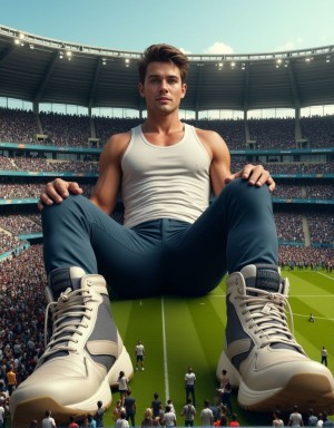 Photorealistic render, high-detail realism, fantasy-inspired size difference, handsome giant muscular man, 23 years old, with perfect hair and charming expression, casually dressed in fitted tank top and athletic pants, confidently sitting on a tiny small football stadium, overflowing with a crowd of people, his enormous giant sneakers prominently visible, dwarfing the surrounding stadium seats, with laces and soles meticulously detailed, giant feet and ankles spilling over the edges of the miniature stadium, surreal yet natural proportions, amazed and awed expressions on the faces of the tiny people in the crowd, cinematic outdoor lighting, ultra-detailed skin textures, smooth realistic shading, subtle smiles, high-quality rendering with professional photographic lighting, emphasis on the giant man's massive size and the miniature stadium's intricate details.