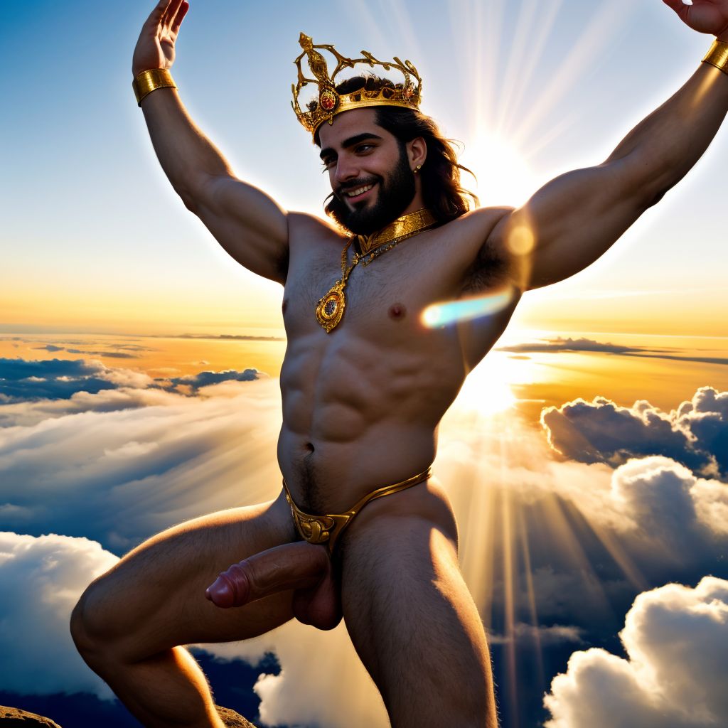 Hombre griego desnudo, 2 metros, sonriente, corona de oro y diamantes, pene grande, testículos peludos y visibles, ano expuesto, mira hacia atrás con ojos brillantes, luz dorada resaltando su anatomía perfecta. Está volando entre nubes blancas con alegría.