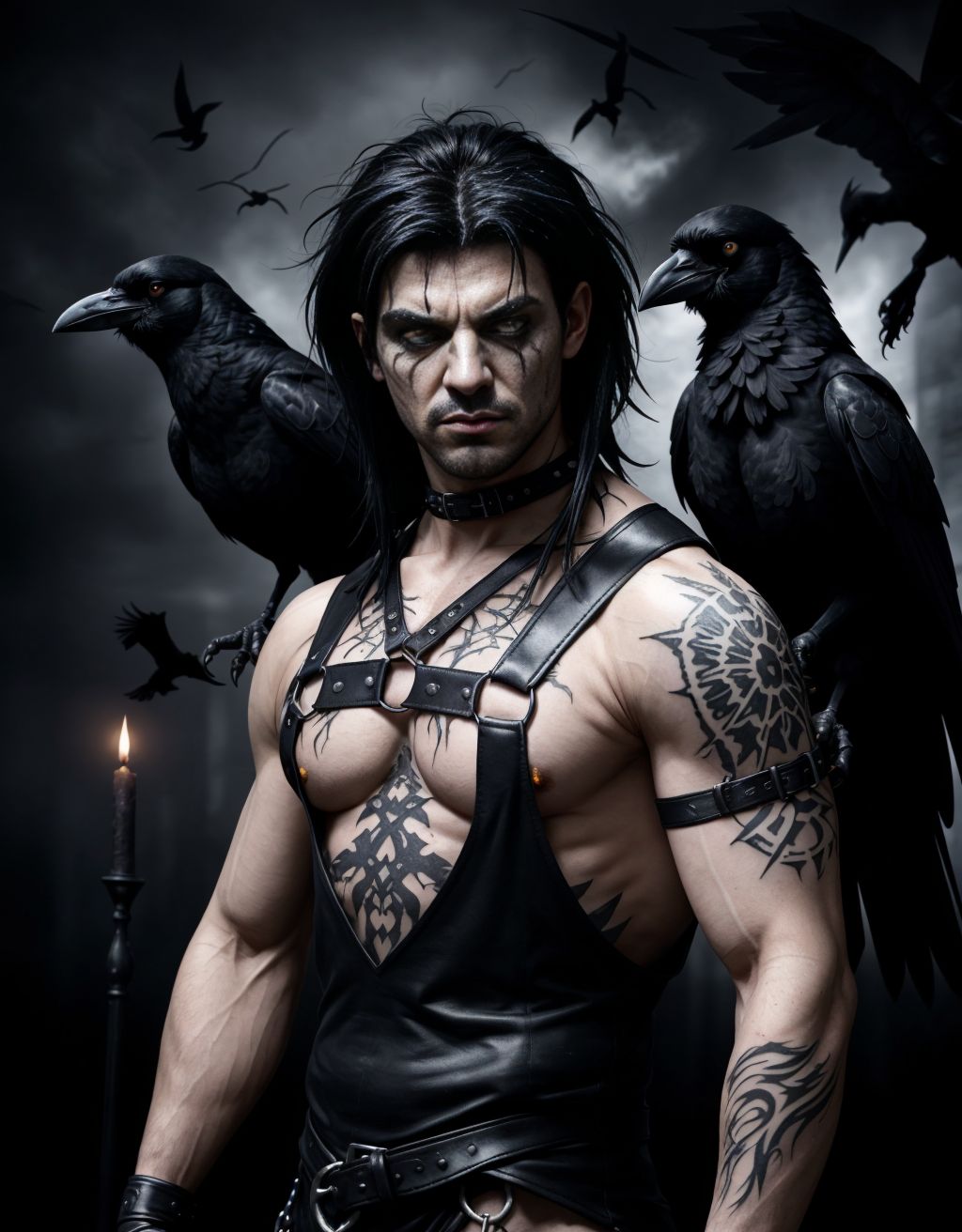Hombre musculoso con arnés gótico, rodeado de cuervos negros, tatuajes oscuros, ojos intensos, cabello negro despeinado, ambiente sombrío y misterioso, cuervos sobre sus hombros y brazos, plumas negras esparcidas, ropa oscura y ajustada, detalles góticos y simbólicos, atmósfera oscura y emotiva.
