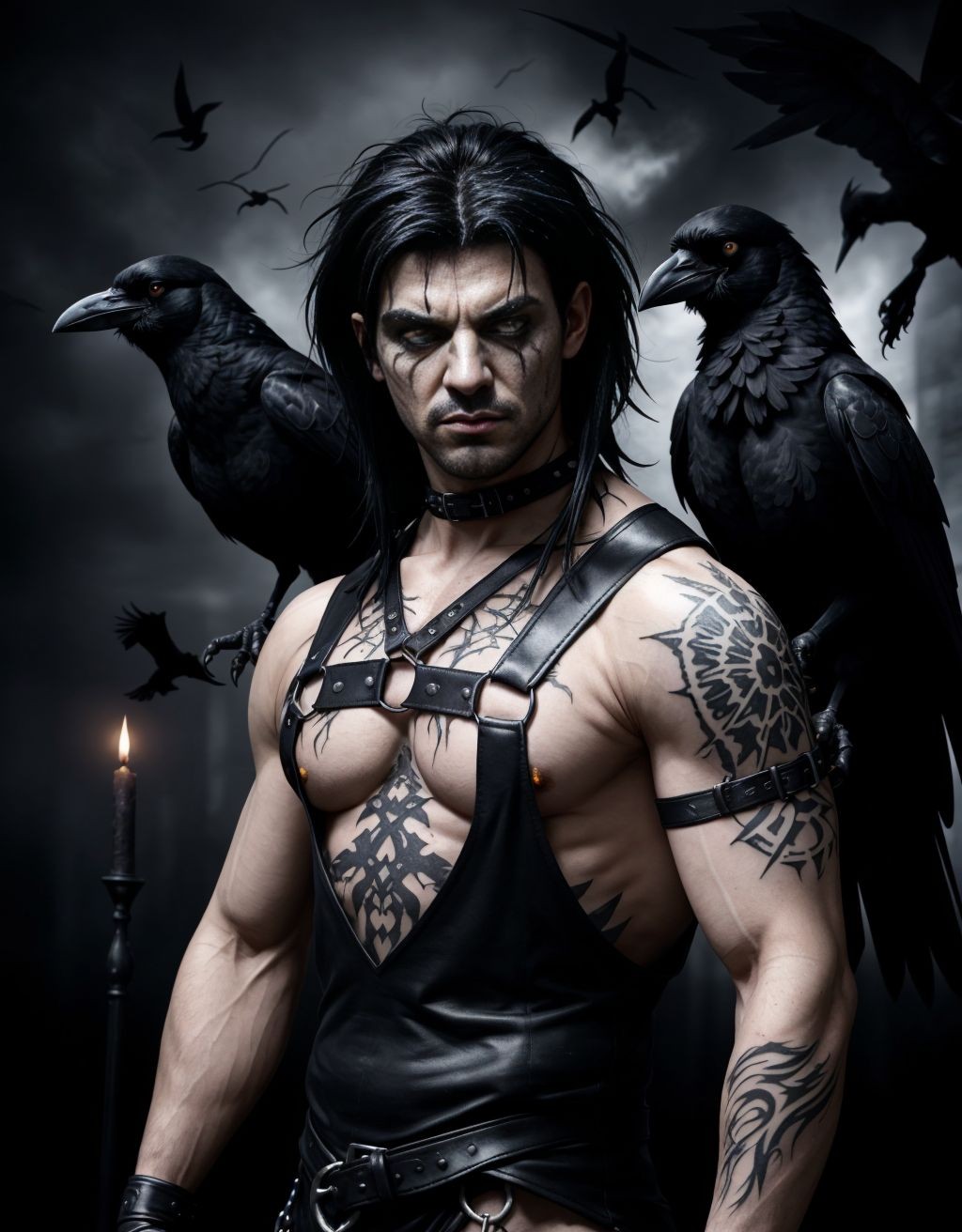 Hombre musculoso con arnés gótico, rodeado de cuervos negros, tatuajes oscuros, ojos intensos, cabello negro despeinado, ambiente sombrío y misterioso, cuervos sobre sus hombros y brazos, plumas negras esparcidas, ropa oscura y ajustada, detalles góticos y simbólicos, atmósfera oscura y emotiva.