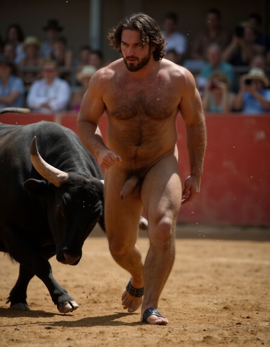 Hombre musculoso y velludo, torero español de 50 años, con un torso musculoso, tiene un pene hermoso perfecto y de tamaño XXL, tiene mucho vello púbico denso y moreno, piel bronceada y sudorosa. Tiene una barba incipiente, mientras su cabello largo castaño oscuro está despeinado y sudoroso, con gotas de sudor que resbalan por su frente y mejillas. Su torso es muy musculoso marcado definido y sus abdominales y pectorales están muy marcados y definidos, tiene un vello corporal muy denso que se extiende desde su pecho hasta sus piernas y hasta sus brazos y espalda.
Tiene un pene muy grueso con forma perfecta es el centro de atención y está rodeado de un denso vello púbico castaño oscuro. Tiene dos testículos grandes y perfectamente formados que cuelgan por debajo. Tiene piel bronceada con brillo de sudor y sus músculos están en forma y bien definidos con aspecto delgado pero sobresalen sus pectorales muy marcados sin nada de grasa.

La escena está en una plaza de toros en un ambiente sensual con sombras que resaltan la musculatura y el vello corporal del hombre.
Tiene sandalias en sus pies. Su pene está erecto y enseña un gran prepucio y un grande glande. A su lado hay un toro. Está corriendo delante del toro 