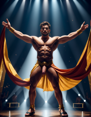 Hermes es el dios de los mensajeros, el comercio, los ladrones, y los viajeros. Tiene sandalias. Tiene pene grande y largo. Tiene testículos muy grandes. Está acariciando su pene. Está bailando en el escenario rodeado de dos bailarines desnudos. Tiene un pañuelo en la mano derecha.