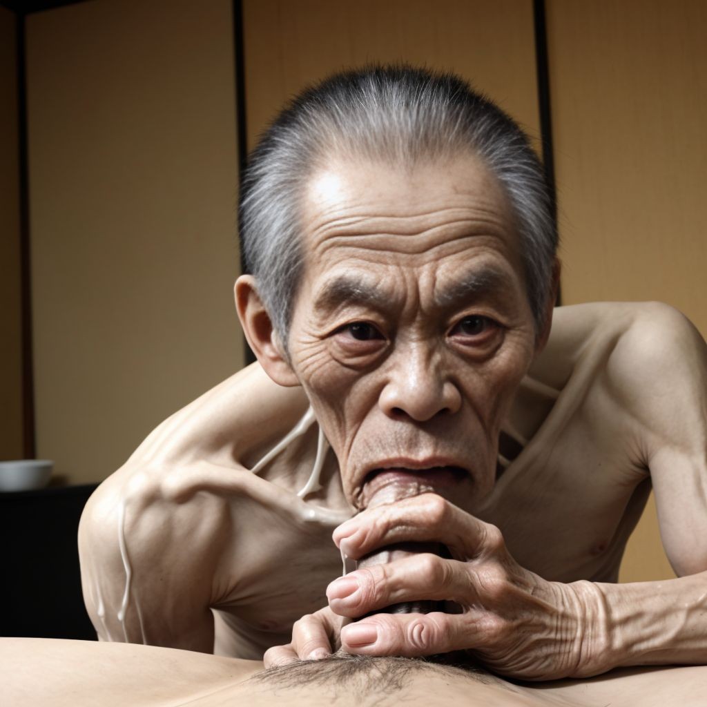 japones viejo arrugado, estremadamente delgado esqueletico, verga enorme y cara de malo