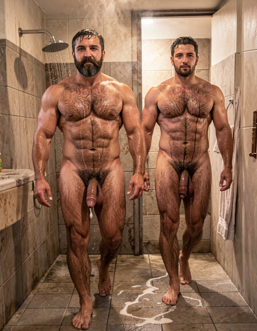 Two naked, muscular men with abundant body hair walk head-on through a beige-tiled shower, wet and with water falling from an overhead showerhead on the left. Their athletic bodies are illuminated by warm light that highlights their torso, abs, strong arms, hairy legs, and wet chest. Both have short beards and wet dark hair; their penises are visible from the front as they walk barefoot on the soaked floor, where puddles and foam accumulate. The space looks like a bathroom or locker room with a hanging towel, marble wall, and intimate shower atmosphere.
