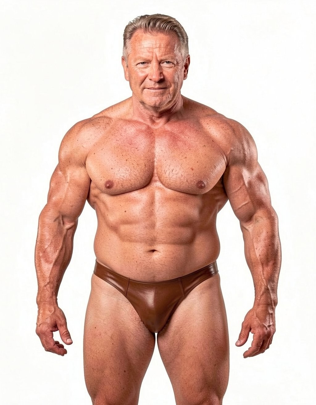 Hombre musculoso de mediana edad avanzada posando de pie frente a un fondo blanco, con el torso desnudo y un pequeño slip de culturismo marrón brillante que deja al descubierto gran parte de las caderas y los muslos. Su físico está muy definido, con pectorales voluminosos, abdominales marcados, brazos y hombros grandes, venas visibles en antebrazos y piernas fuertes propias de un atleta de fitness o culturismo. Tiene el pelo corto gris peinado hacia atrás, expresión seria y mirada directa a cámara, manteniendo una postura frontal firme con los brazos ligeramente separados del cuerpo para resaltar la musculatura.