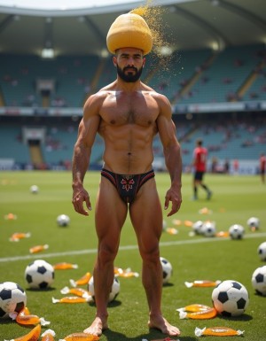 Hombre totalmente desnudo, con un pene grande y grueso de 25 centímetros de largo y 8 de grosor, una gran cabeza esponjosa y venosa, con gotas de semen dorado brotando de la punta, cuerpo musculoso de guerrero ninja, cara de un hombre rudo con los ojos color miel, torso y brazos definidos como los de un espartano o gladiador romano, está de pie en el centro de un estadio de fútbol vacío, rodeado de pelotas de fútbol dispersas por el césped, mientras que en el suelo, alrededor de él, se ven gran cantidad de condones usados y llenos de semen, algunos de ellos abiertos y otros cerrados, pero todos con restos de fluidos corporales, en un ambiente de total libertad y pasión desbordada, con la luz del sol brillando sobre su cuerpo sudoroso y musculoso, destacando cada detalle de su anatomía, en una escena hiperrealista con detalles de alta calidad.