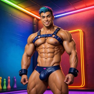 Hombre musculoso con arnés de cuero, en una habitación BDSM de estilo cómic, rodeado de dildos coloridos y juguetes sexuales, con una sonrisa provocativa, piel bronceada, músculos definidos, ropa interior ajustada, fondos oscuros y luces neon.