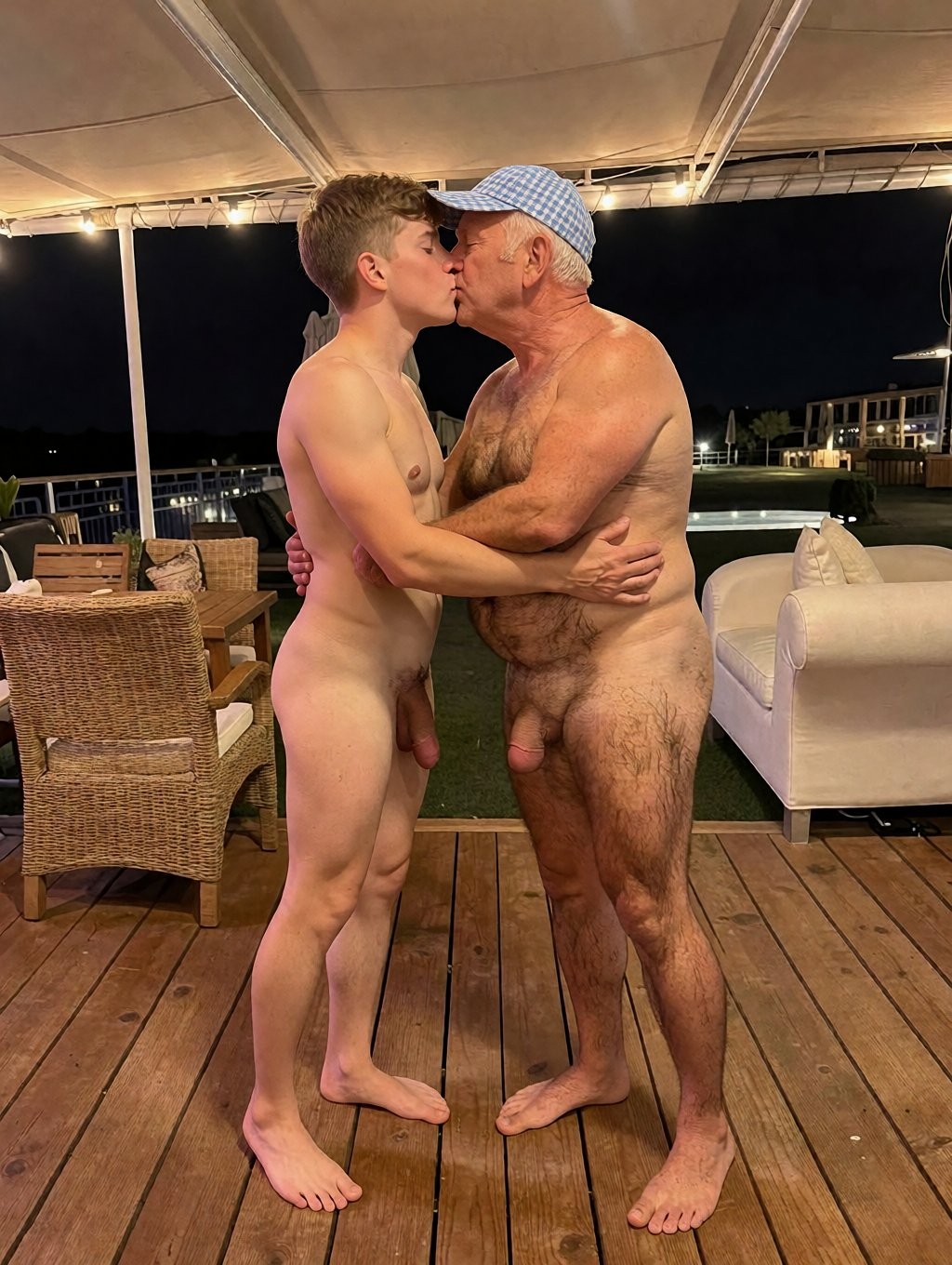 Dos hombres desnudos se besan y se abrazan de pie sobre una terraza de madera iluminada por la noche, bajo una pérgola o toldo con luces cálidas. El hombre de la izquierda, más joven, de piel clara y pelo corto, rodea con los brazos la cintura del otro mientras ambos mantienen los cuerpos muy próximos, con los penes flácidos visibles. El hombre de la derecha, mayor, con barba corta, vello corporal abundante y una gorra azul de cuadros, le devuelve el abrazo con actitud íntima y tranquila. Alrededor hay muebles de exterior, sillones claros, sillas de mimbre, una barandilla y casas al fondo, creando un ambiente privado de terraza nocturna junto al agua.