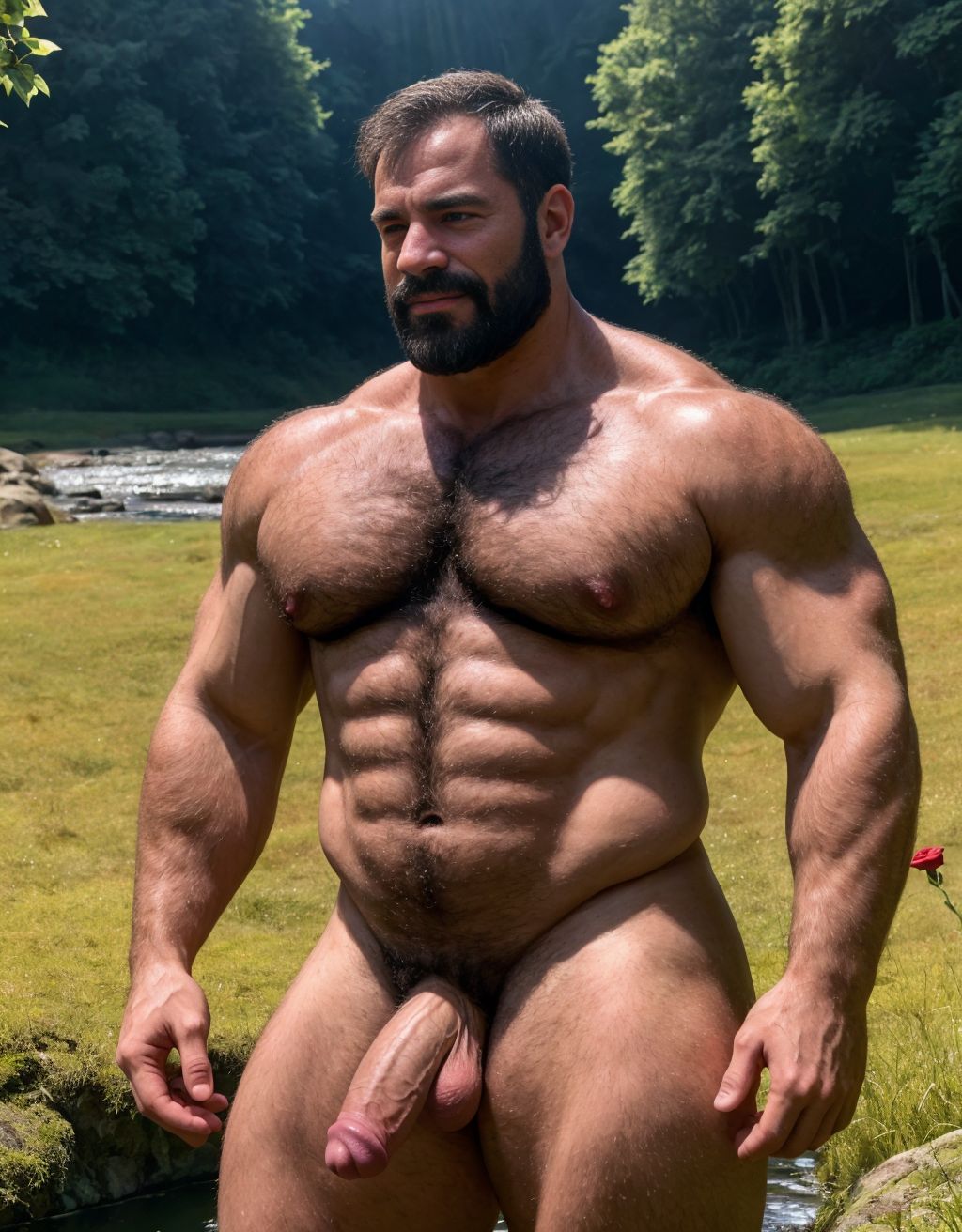 Hombre desnudo con pene grande y grandes testículos peludos. Tiene Cabeza y cara de hombre de 40 años de edad. Tiene un pene grande y erecto de donde sale semen líquido blanco. Con la mano se acaricia suavemente. Tiene mucho vello por todo el cuerpo. Lleva sandalias de color rojo en los pies. Es muy mucho viril, con cara de malote. Está andando por un camino de un prado verde lleno de mariposas. Está delgado. Tiene los pies en el suelo. Está contento. Está muy delgado. Tiene mucho vello en el cuerpo. Tiene los pies en el suelo. Tiene una rosa en la mano derecha. Es muy delgado. Tiene calzado deportivo en los pies. Tiene mucho vello.