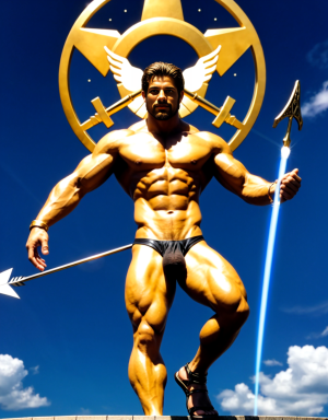 Apolo Dios del Sol representa la perfección y la belleza varonil. Dirige la flecha hacia el talón de Aquiles, causándole la muerte. Tiene un pene perfecto. Tiene testículos redondos grandes y largos. Está limpio, (no tiene barba). ((Tiene sandalias negras)).
