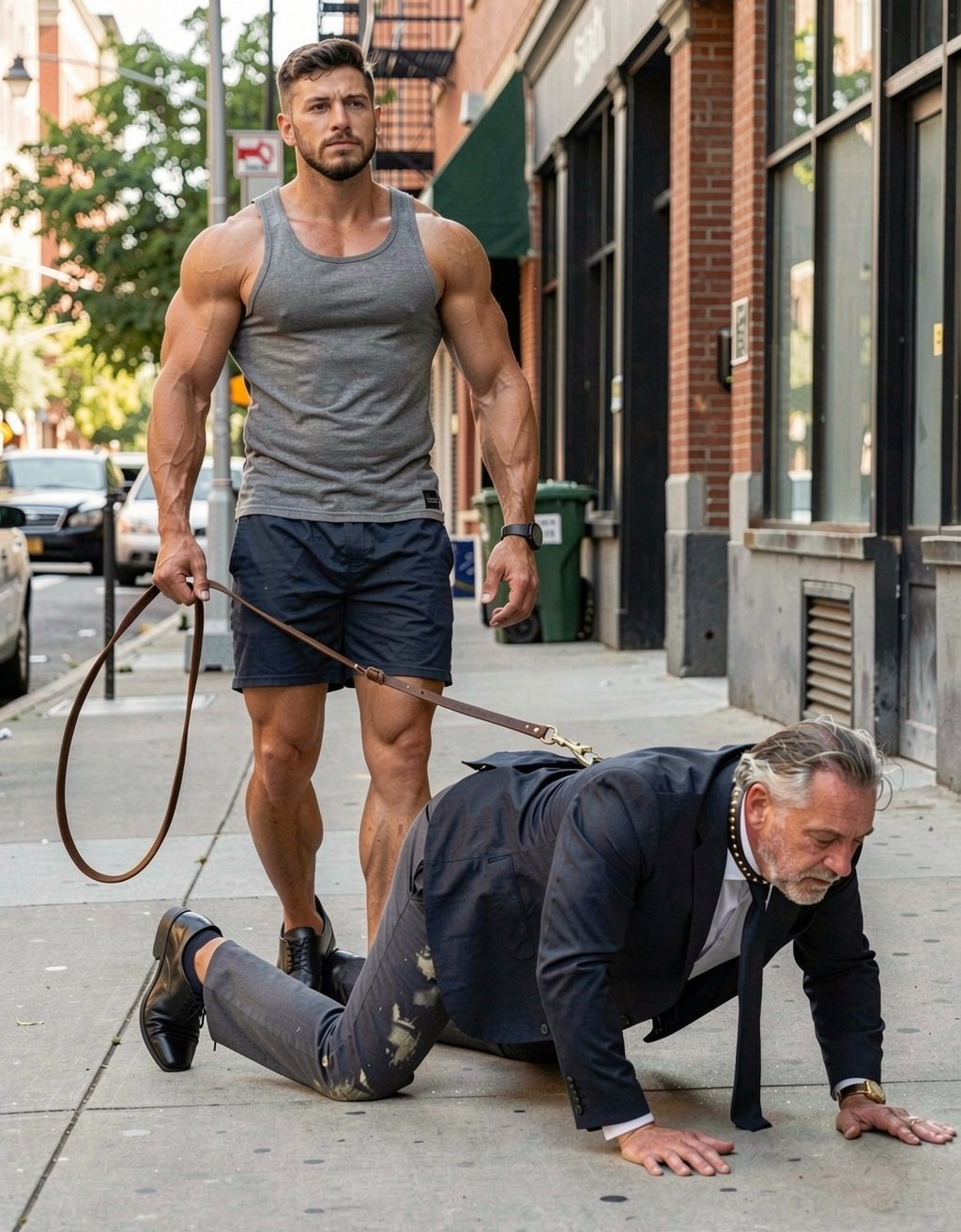A 19-year-old muscular man wearing tight gym shorts, tank top and sneakers, confidently walking down a city street while holding a leather dog leash. At the other end of the leash, a 45-year-old man in a formal business suit crawls on all fours like a dog, wearing a thick collar, his knees and hands on the pavement, suit trousers stretched and slightly dirty. Photorealistic, sharp details, natural daylight, urban sidewalk background, realistic anatomy and fabric textures, cinematic lighting, highly detailed, 8k.