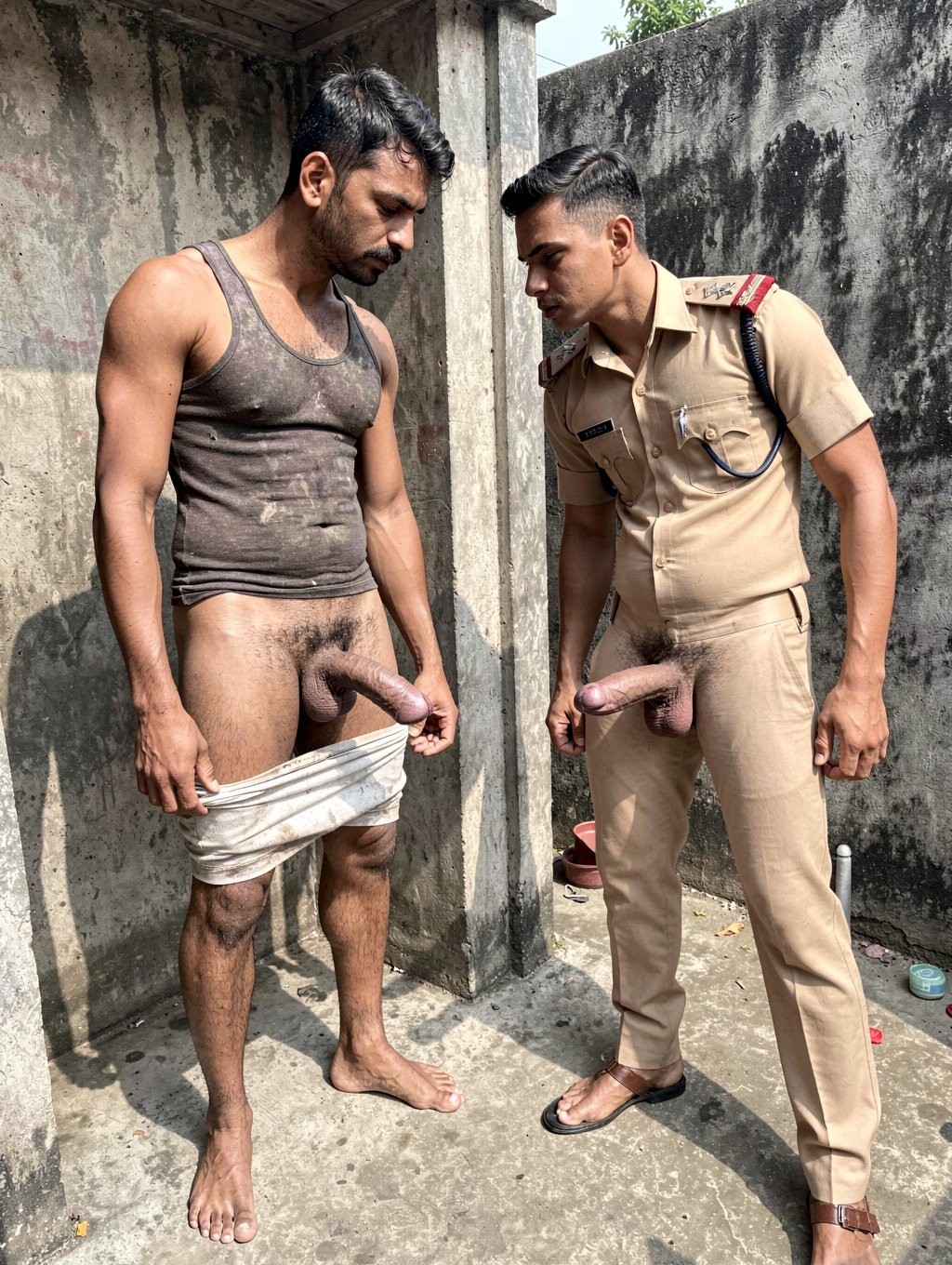 Dos hombres están de pie en un patio o rincón exterior de cemento, junto a paredes viejas y manchadas por la humedad. A la izquierda, un hombre descalzo lleva una camiseta de tirantes gris muy sucia y tiene la ropa interior bajada hasta los muslos, dejando el pene al descubierto mientras mira hacia abajo con expresión seria. A la derecha, un hombre con uniforme caqui de policía, cinturón y sandalias se inclina ligeramente hacia él; también tiene el pene expuesto por la abertura del pantalón. La escena tiene luz solar directa, sombras marcadas, aspecto descuidado y un tono crudo, con una pared deteriorada, una columna de hormigón y pequeños objetos en el suelo.
