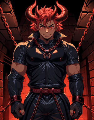 Hombre vestido de demonio, ropa BDSM de cuero negro, cuernos y cola, en una mazmorra gótica oscura, cadenas y grilletes, iluminación roja intensa, sombras profundas, atmósfera erótica y oscura.