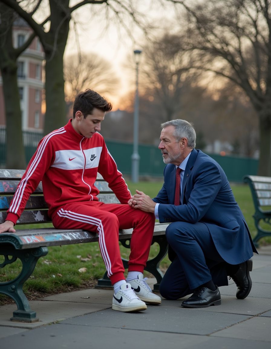 In an urban park at dusk, a young tracksuit lad, red and white tracksuit, Nike sneakers, sits sprawled on a graffiti-covered bench, legs spread wide apart. He commands with his body language while an older executive in a blue suit and expensive Oxford shoes kneels at his feet, forced to polish the dirty Nike sneaker with his expensive silk tie, fighting to hold his pride as passersby glance their way.