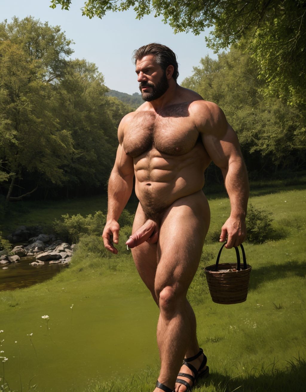 Hombre desnudo con pene grande y grandes testículos peludos. Tiene Cabeza y cara de hombre de 50 años de edad. Tiene un pene grande y erecto de donde sale semen líquido blanco. Con la mano se toca el pene acariciando suavemente. Tiene mucho vello por todo el cuerpo. Lleva sandalias de color rojo en los pies. Tiene zapatos en los pies. Es viril, con cara de malote. Está andando en un prado verde lleno de cabras. Está delgado. Tiene los pies limpios.