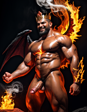 Cneo Pompeyo Magno desnudo con pene grande y testículos grandes peludos. Dobla el brazo derecho para enseñar los bíceps del brazo derecho con gran orgullo. Tiene mucho vello por todo el cuerpo. Está bronceado. Tiene corona de oro. Tiene alas de diablo negras y rojas oscuro. Los brazos están hacia arriba implorando rayos y fuego. Tiene un chorro de fuego en el pene que sale a chorros rojos hacia arriba de su pene erecto tieso hacia arriba. Sus ojos son grandes y rojos. Está enseñando sus grandes testículos. Tiene testículos grandes y oscuros. Está alumbrado con mucha luz roja por todo el cuerpo. Es muy atractivo. Está rodeado de llamas y humo. Tienen cara de maldad y con barba. Se ven los pies. ¿Donde están sus pies? quiero ver los pies. Está delgado.