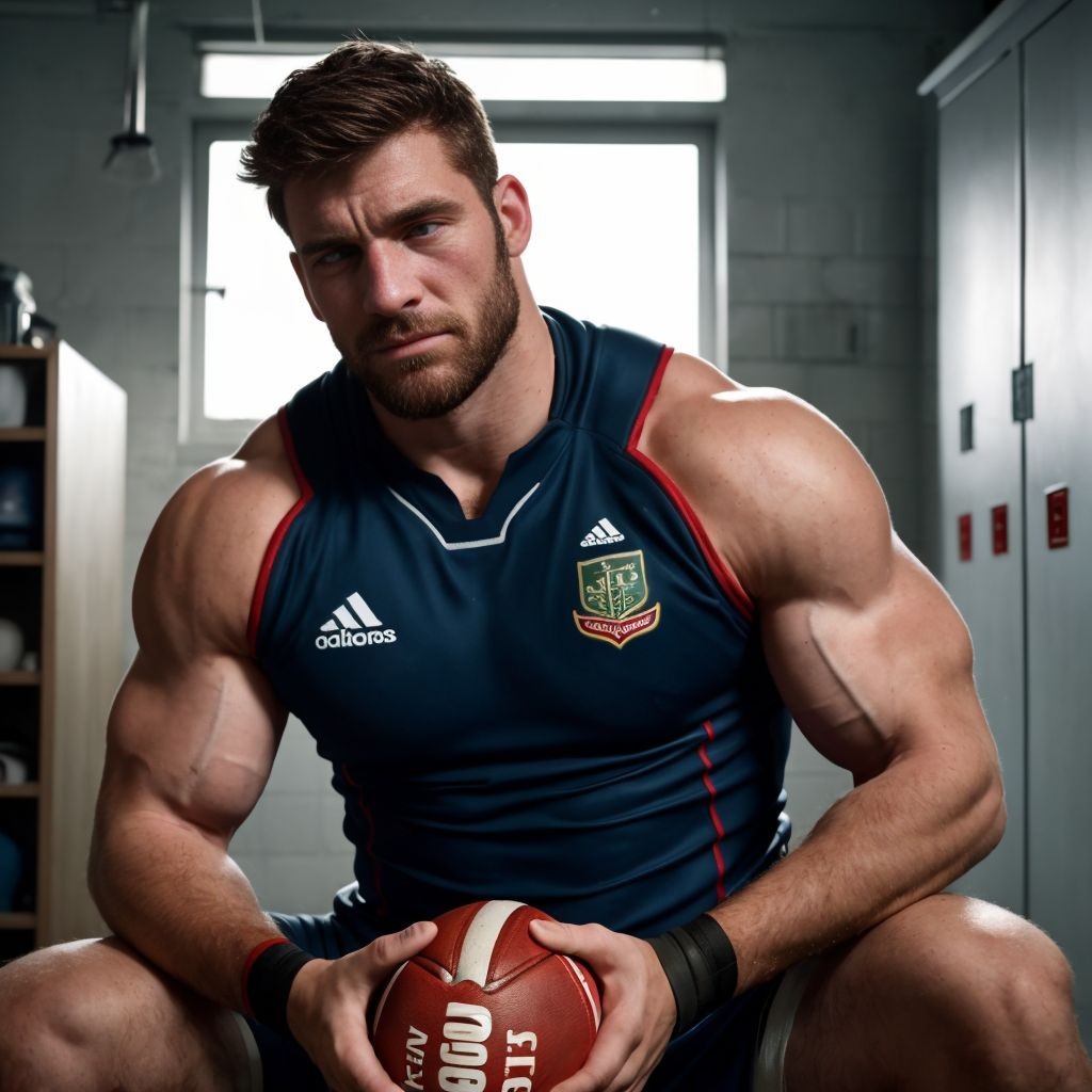 Hombre fornido de fútbol arrodillado, músculos definidos, piel bronceada, ojos cansados y satisfechos, barba incipiente, fluido en mandíbula y mejillas, pantalón corto de rugby bajo en caderas, pene visible,  balón de rugby manchado, camiseta arrugada con 