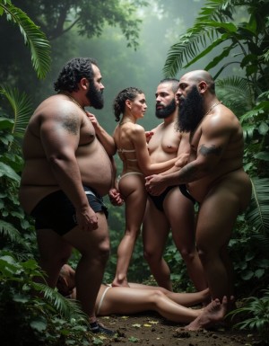 Una mujer trans se encuentra con unos hombres gigantes y corpulentos en la selva, que se han ausentado de la aldea y van a que gozar de ella violentamente. Su expresión es de de lujuria.