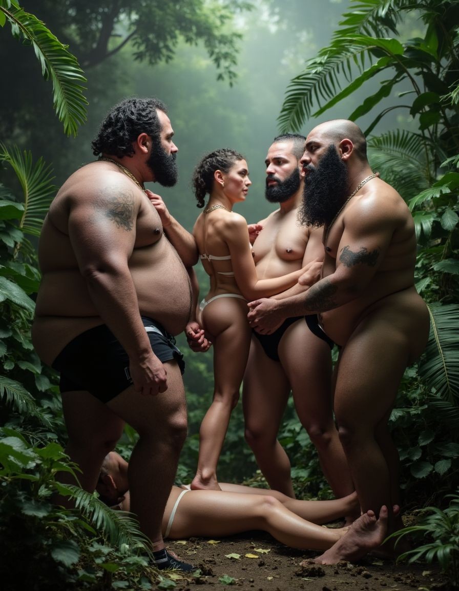 Una mujer trans se encuentra con unos hombres gigantes-ogros, barbudos  y corpulentos, muy primitivos. Están en la selva. Los hombres la miran con lujuria desmedida. En el suelo yace un hombre violado por los ogros. 