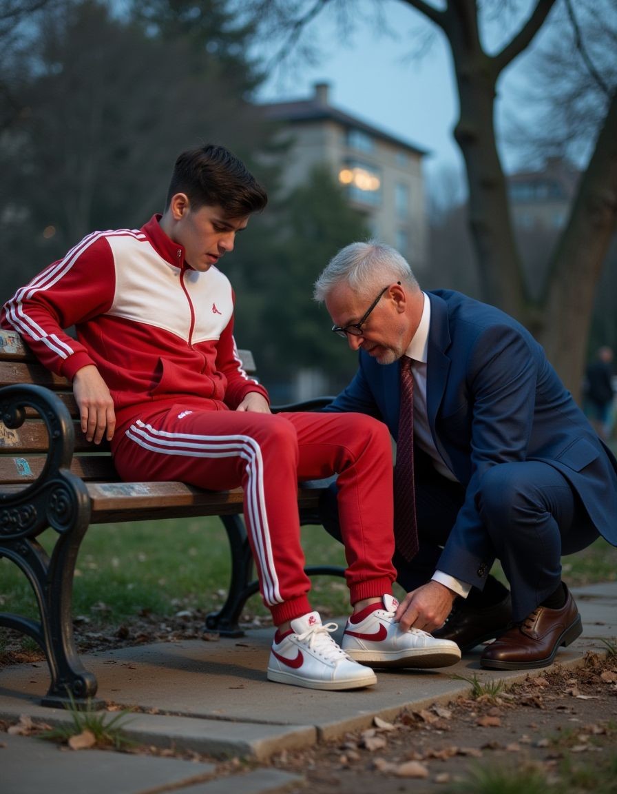 Un hombre mayor con traje azul, corbata y gafas se agacha junto a un banco de parque para atar el cordón de la zapatilla blanca de un hombre joven vestido con un chándal rojo y blanco de estilo deportivo. El joven permanece sentado, inclinado hacia delante y mirando hacia sus piernas, con una expresión seria o cansada, mientras el hombre mayor se concentra en ayudarle con gesto cuidadoso. La escena transcurre al aire libre, sobre un sendero con hojas secas, árboles desnudos y edificios desenfocados al fondo, creando un ambiente urbano tranquilo al atardecer, con una sensación de apoyo, cuidado y cercanía generacional.