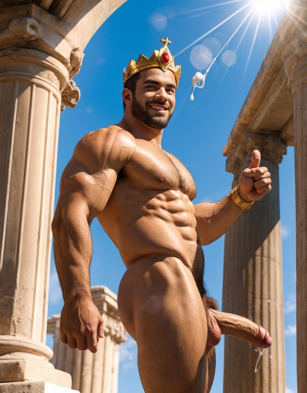 Muscular naked man posing among classical stone columns, wearing a golden crown adorned with a red jewel that gives him the appearance of a king or mythological figure. His defined torso, marked abs, strong arms, and tanned skin stand out under intense sunlight, with a blue sky in the background and sun flares at the top. He smiles confidently while giving a thumbs-up gesture, wearing golden bracelets. The composition emphasizes his full athletic body, including the visible penis, in a monumental Greco-Roman-inspired setting that conveys power, physical display, and heroic aesthetics.