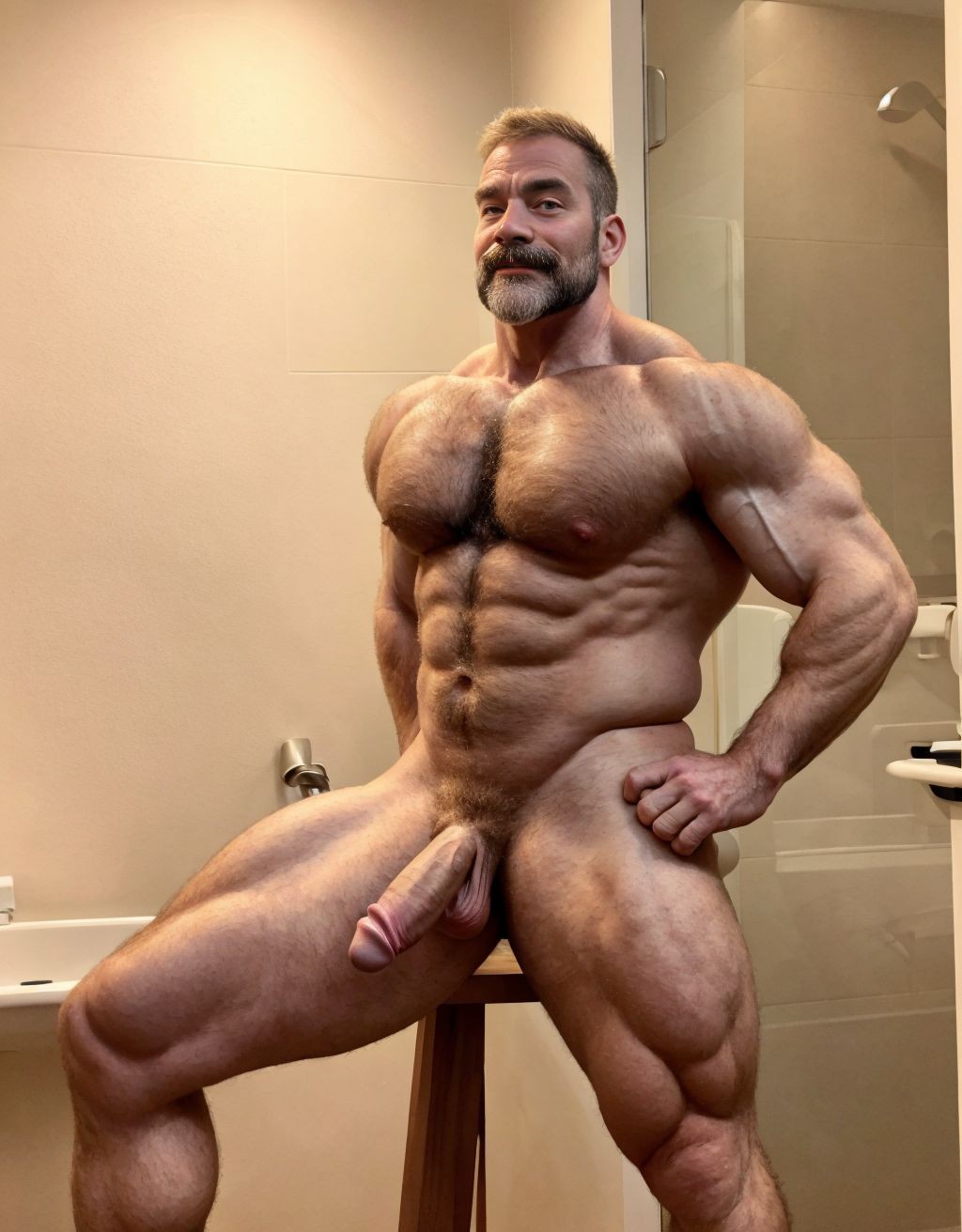 Hombre de  50 años, moreno, desnudo, delgado, con pene erecto, testículos visibles son grandes y están velludos, pecho y brazos velludos, cara delgada, cabello rubio, mostrando trasero perfecto, muy atractivo y viril, cuerpo completo. Lleva sandalias en sus pies. Está parado en el campo. Su cara tiene mentón grande y con hoyete. Hombre culturista, músculos muy definidos. Está inclinado hacia adelante para enseñar sus músculos definidos. Tienes grandes huevos y peludos. Tiene bigote. Está de perfil enseñando los testículos. Masturbación: 9